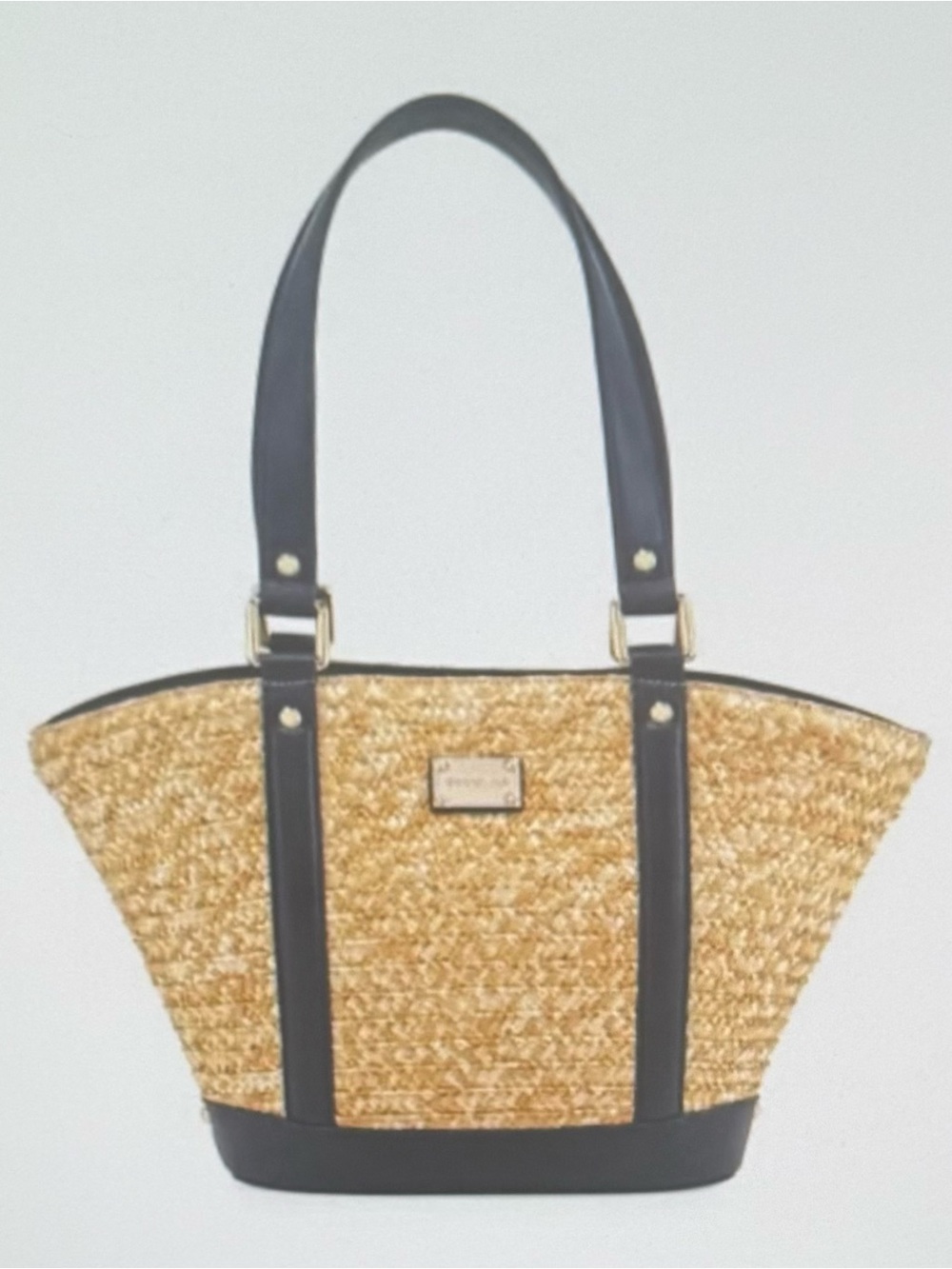 St John, Straw Woven Tote Bag with Faux leather navy Trim, great summer bag